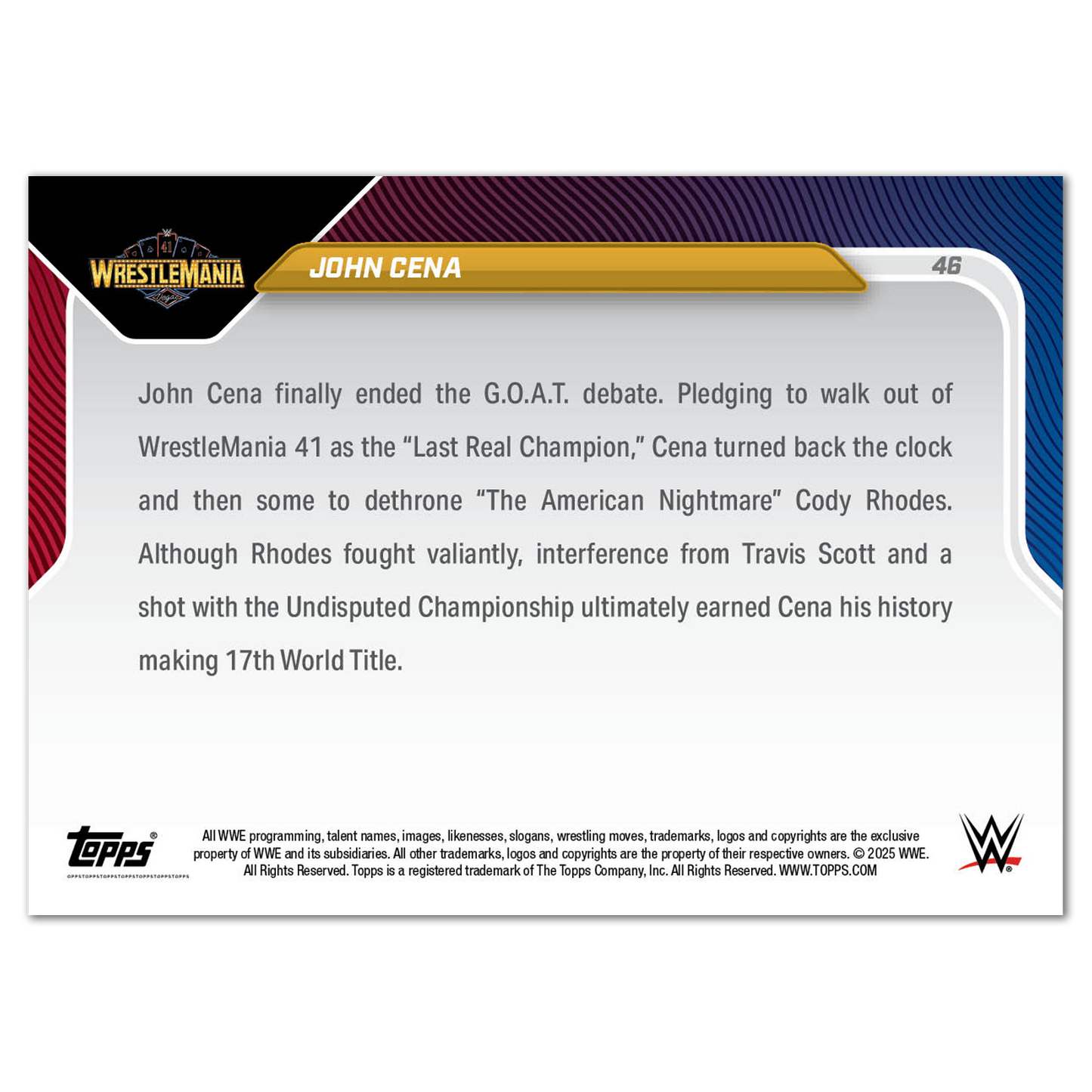 John Cena - 2025 WWE Topps NOW® - Card 46 - LOOK FOR RELICS AND AUTO-RELIC