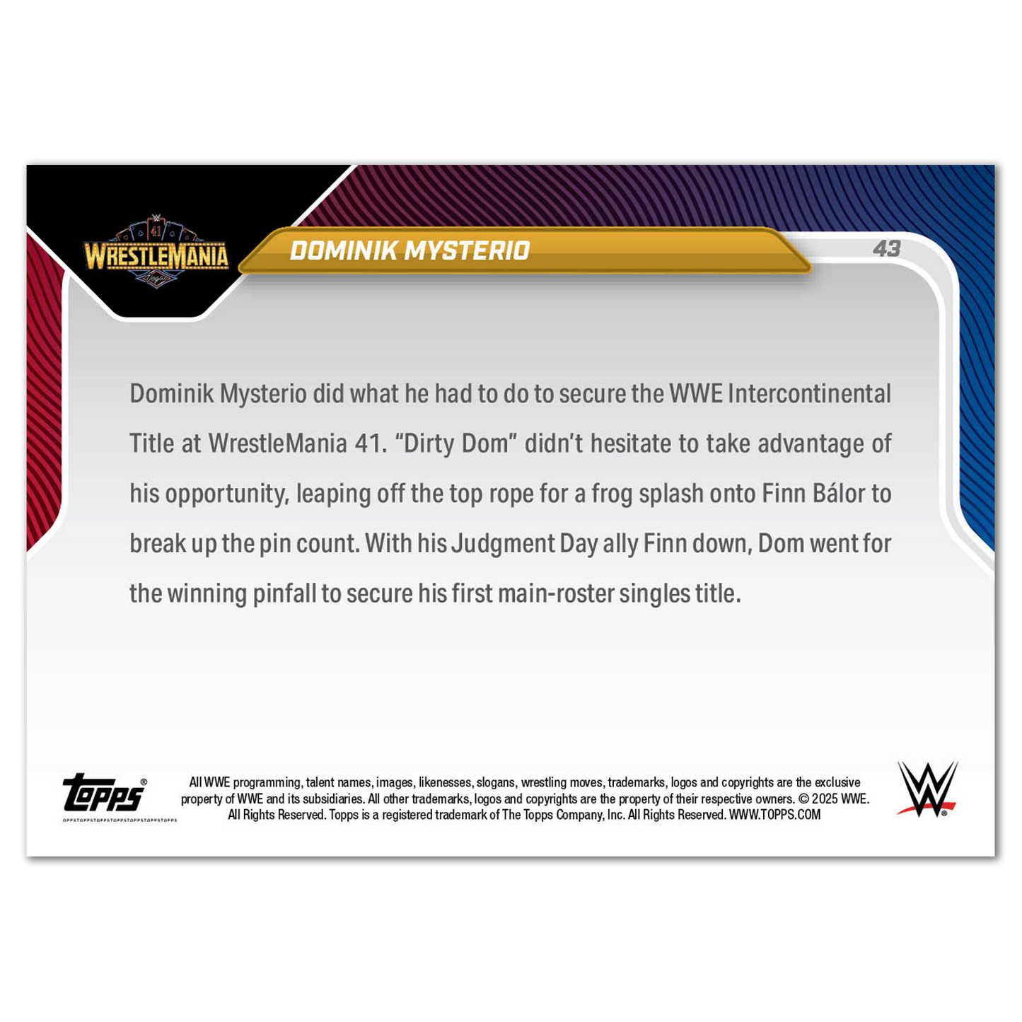 Dominik Mysterio - 2025 WWE Topps NOW® - Card 43 - LOOK FOR AUTOS